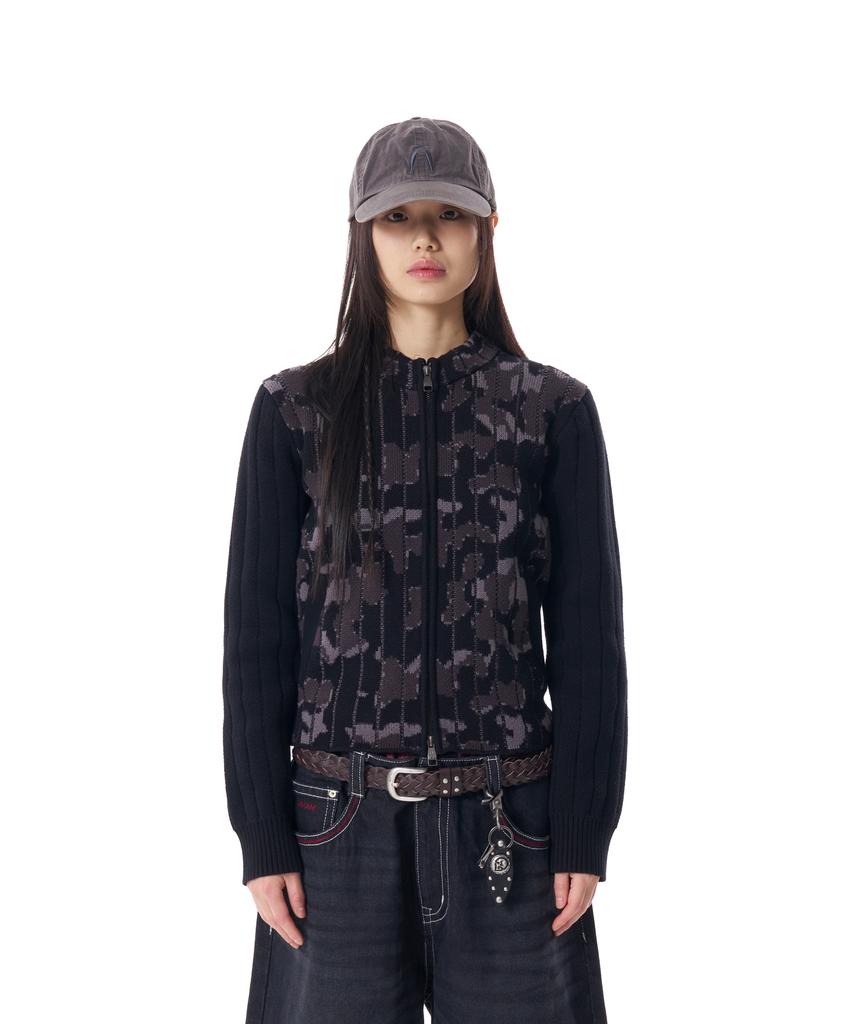 Aakam Camouflage Knit Zip-Up Cardigan (Black)