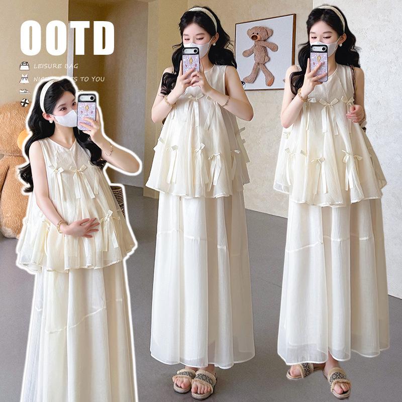 2026 Summer Maternity Bow Top & Skirt Set - Sleeveless Two-piece Ensemble M