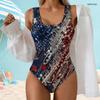 Women Plus Size Scoop Neck Wide Straps One Piece High Cut Leaf Printed Swimsuit