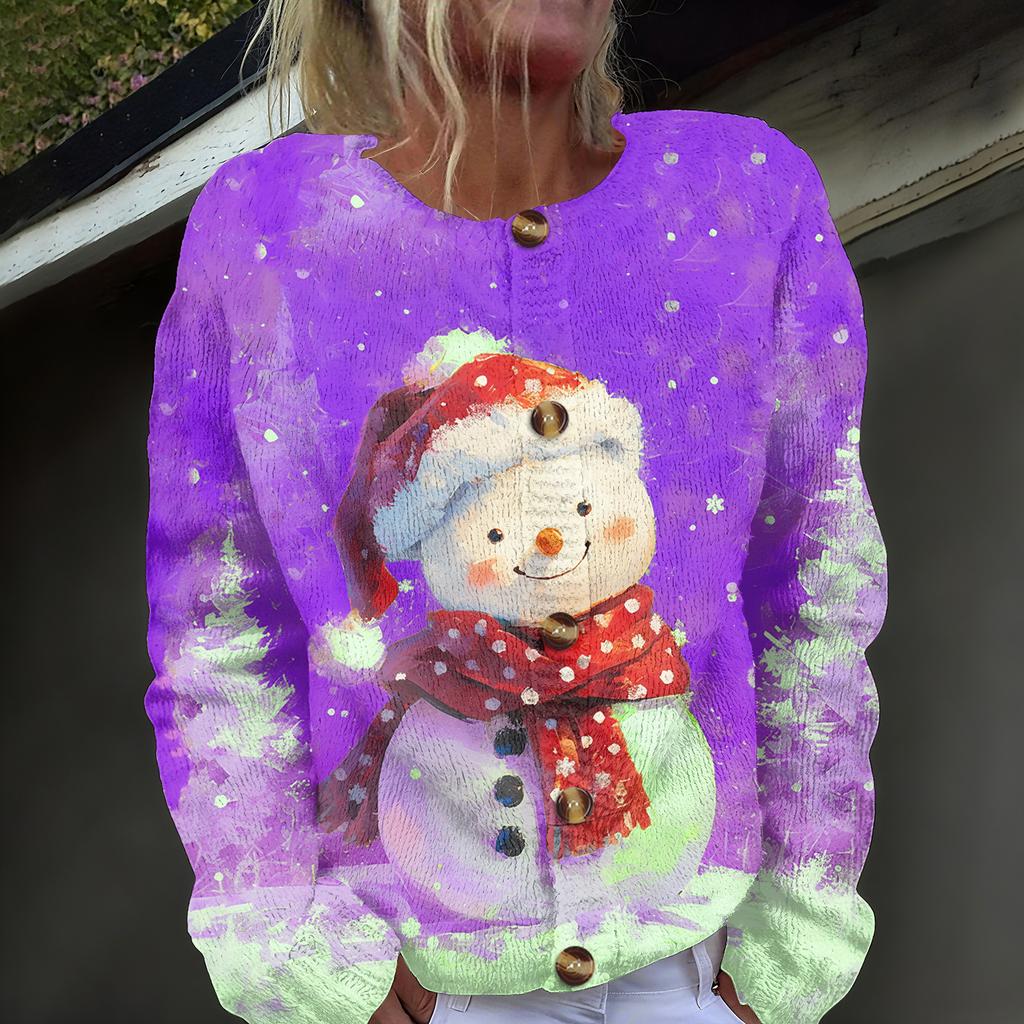 Women's Fashion Christmas Printed Long Sleeve Knitted Cardigan Button Down Jacket