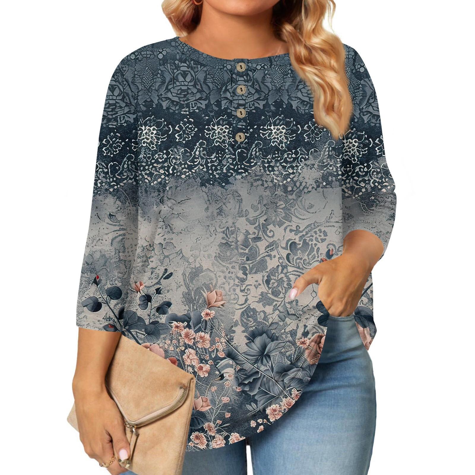 

Women s Large Size Print 3/4 Sleeve Button Collar Top T-Shirt Bottoming Shirt XXXXXL