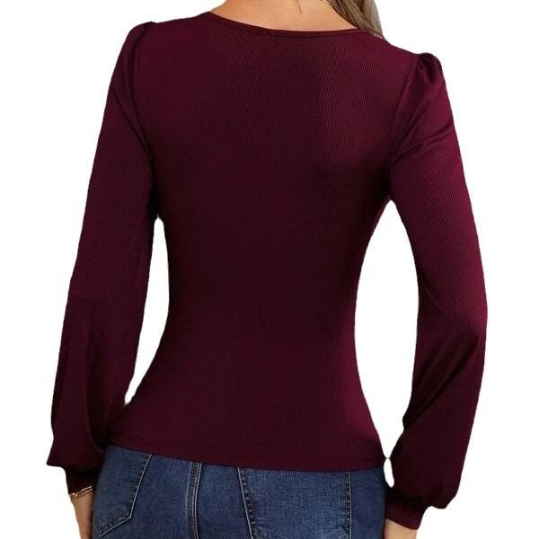 New Autumn Women's Wear with Lantern Sleeves, Low Neckline and Slim Knit Cedar