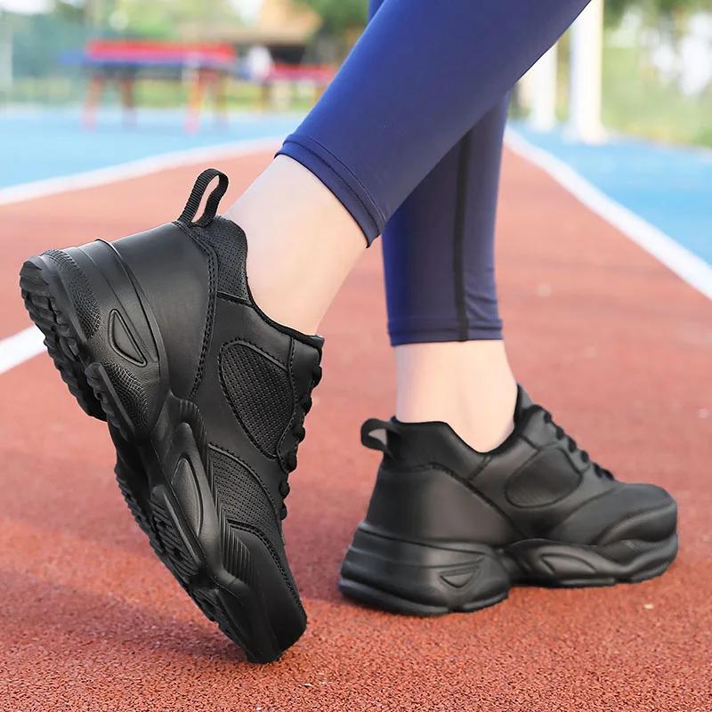 Fashion Comfortable Women Sports Shoes Black Leather Running Womens Sneakers Women Designer Outdoor Walking Shoes Size 41 Thick Sole