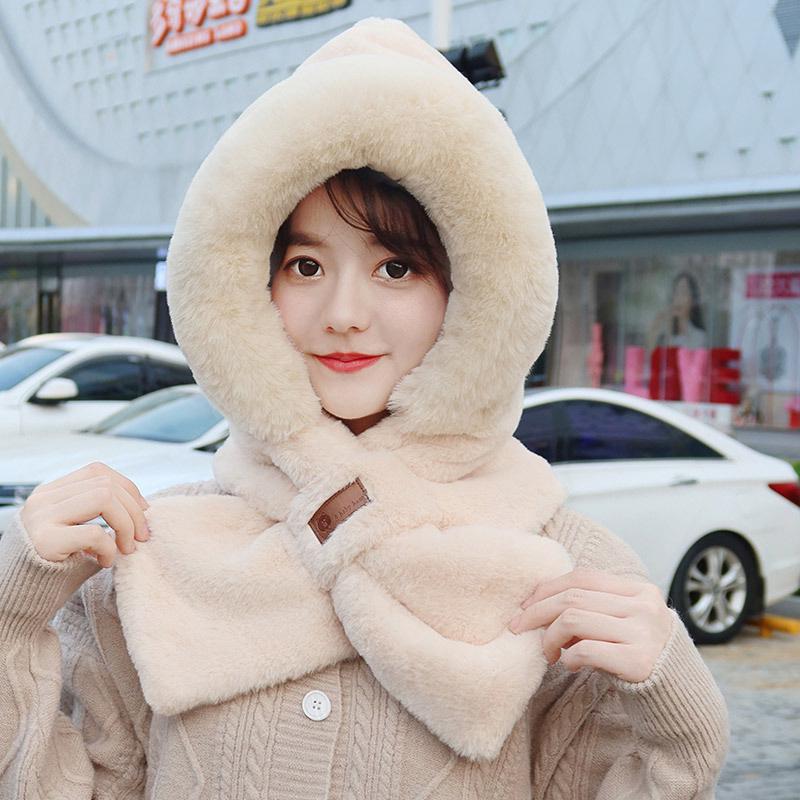 Women's Winter Plush Fox Hat & Scarf Combo - Warm, Trendy, and Versatile Hooded Design