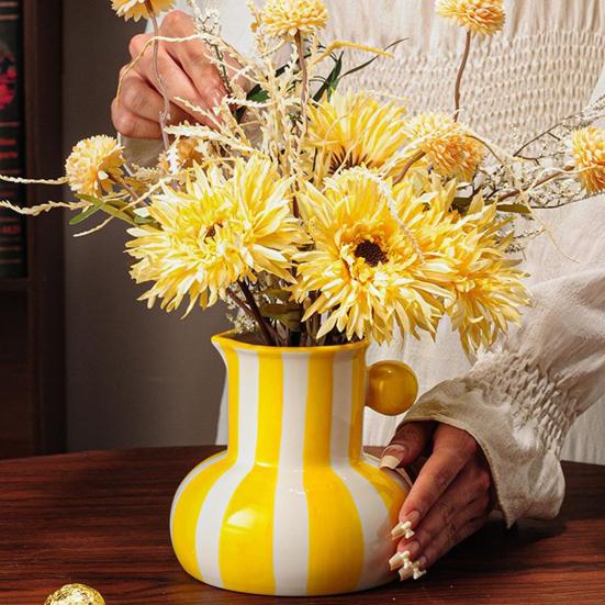 Colorful Striped Vase Ceramic Vase with Handle Desktop Decorative Vase for Flower Arrangement Living Room Bedroom Decor