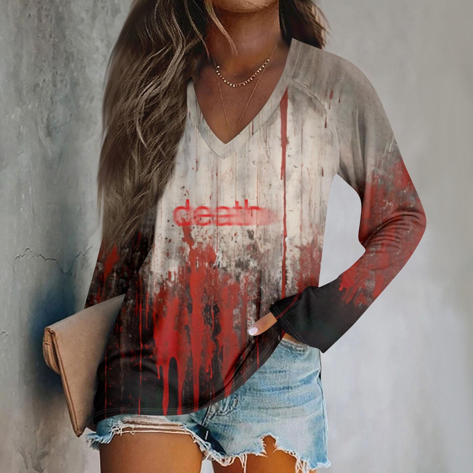 

Women s Fashion Casual Long Sleeve Halloween Printed v-Neck Top XL Кіновар