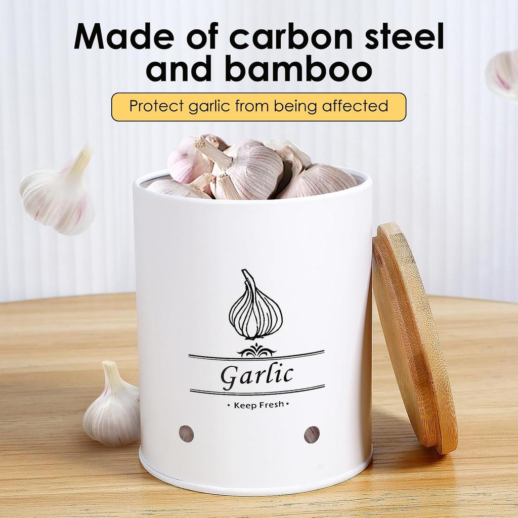 Garlic Keeper Fresh Keeping Garlic Storage Box with Wood Lid Ginger Canister Container 11x11x13.2cm Large Capacity Kitchen Saver for Countertop