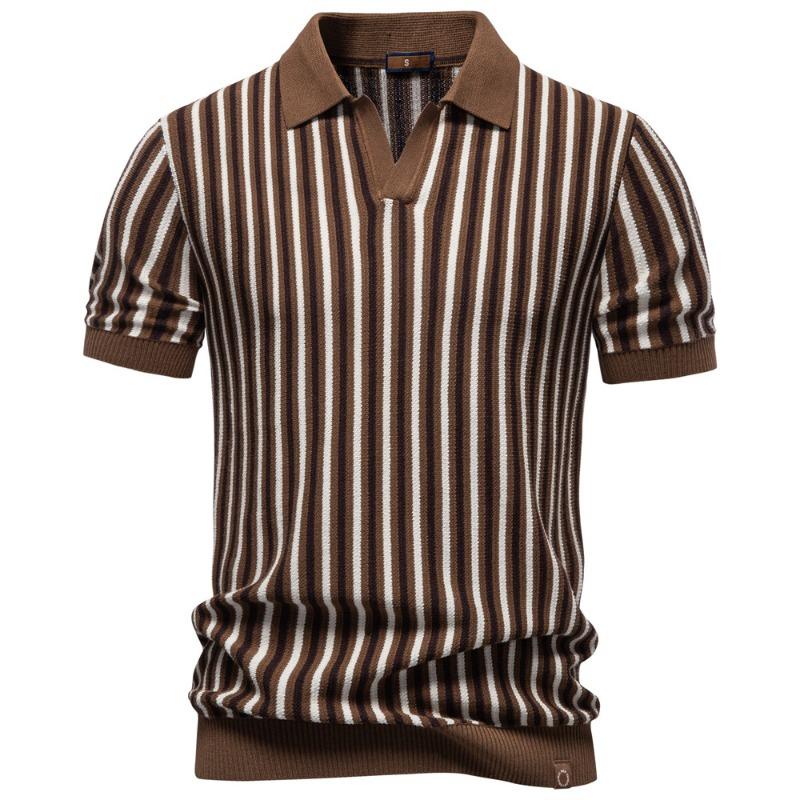 Men s Vertical Striped Knit V-Neck Short Sleeve Polo Shirt S жёлтый