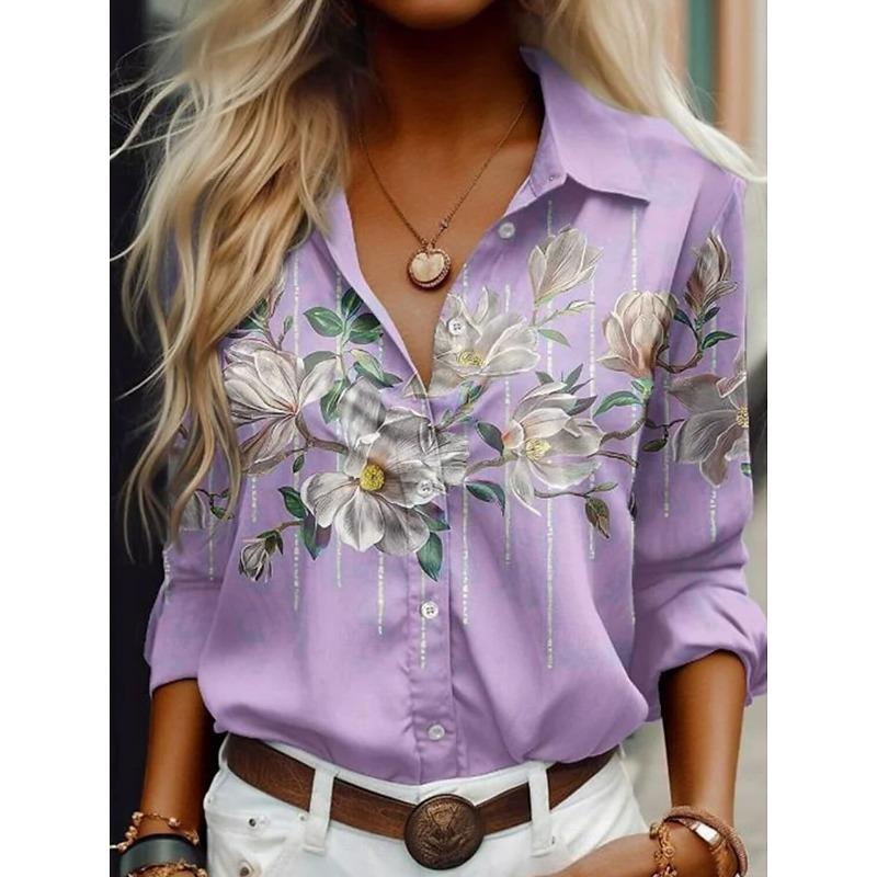 Summer Women's Shirt Flower Graphics Blouse Lapel Neck Blouse Women's Long Sleeve Shirts Womens Clothes Female Clothes