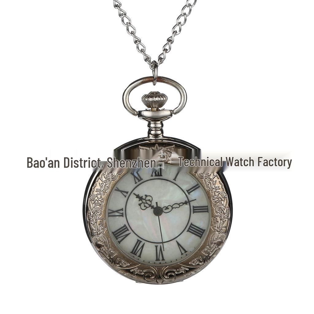 Nostalgic Silver Quartz Pocket Watch with Roman Numerals and Iridescent Glass Lace Design. Model 1017.
