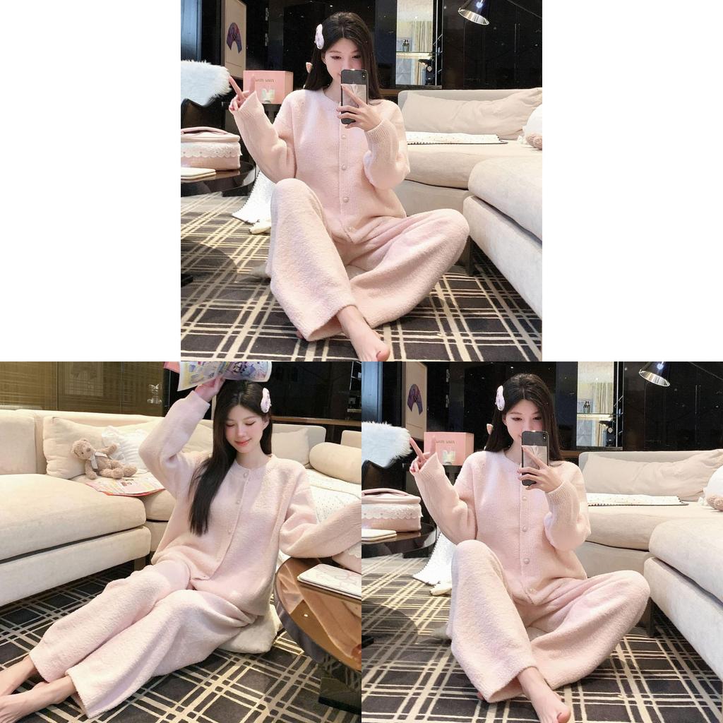 Cozy Plush Lounge Set With Pearl Buttons For Winter Comfort Homewear For Young Women