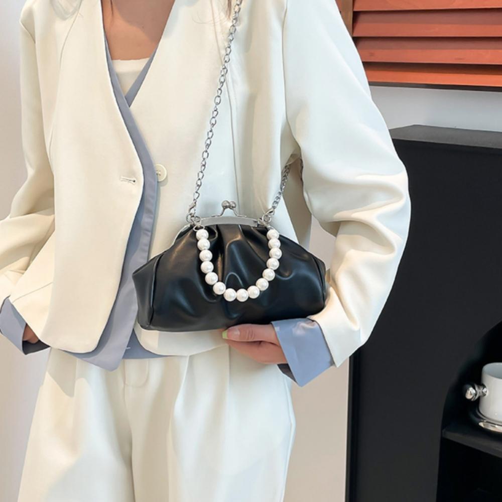 Ruched Clutch Bag Luxurious Pearl Handle Bag Kiss Lock Crossbody Bag Vintage Shoulder Handbag For Everyday Use Party Formal