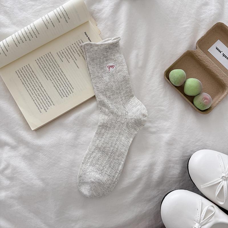 Women s Embroidered Ruffled Bow Mid-Calf Cotton Socks, Ultra-Thin Mesh for Spring & Summer. One Size