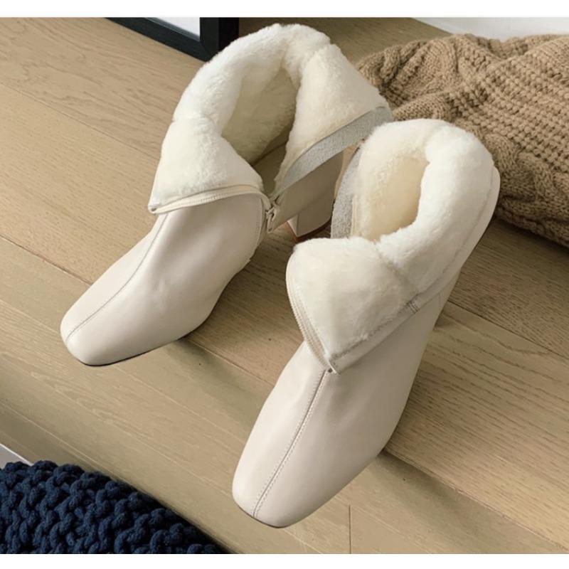 Comfortable Thiened Winter Velvet Lined Women's Boots Korean High Heel Side Zipper Faion Slim Boots Square Head Cotton Snow Boot