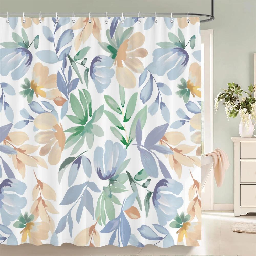 Plants and Floral Shower Curtain, Texture Fabric Bathroom Decor Watercolor Flowers and Plants Shower Curtians with Hooks