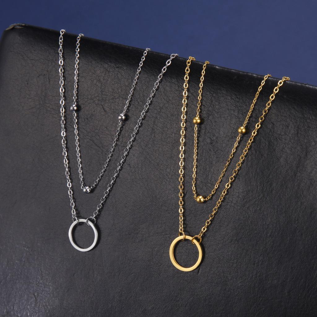 Double Bead Chain Hollowed Out Circular Pendant for Women's Necklace Gold Elegant Stainless Steel Pendant Jewelry Gift