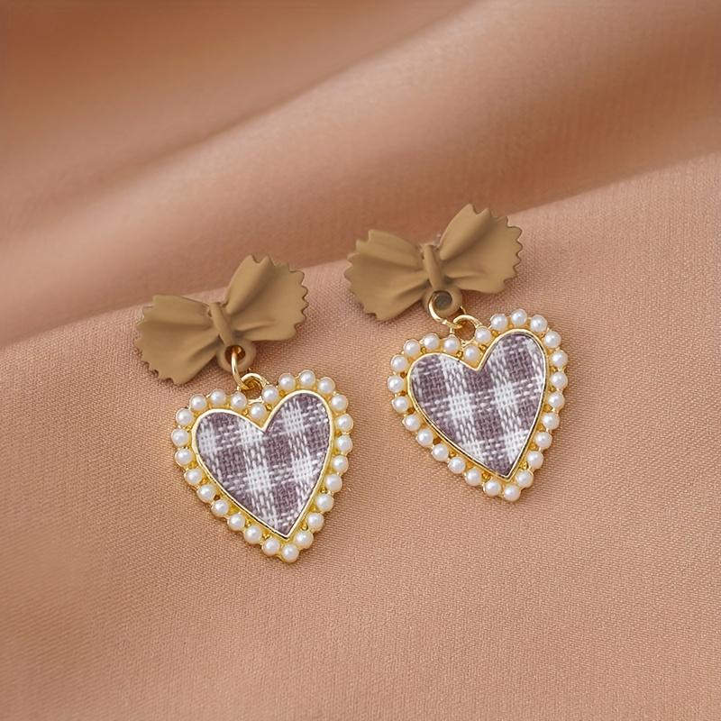 

1Pair Sweet Plaid Heart Earrings, Pink Black Bow Rice Bead Fashion Ladies Earrings