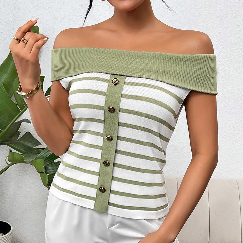 Moda Donna Rigata Senza Maniche Fuori Spalla Pullover Pullover Maglieria Donna Primavera Estate
