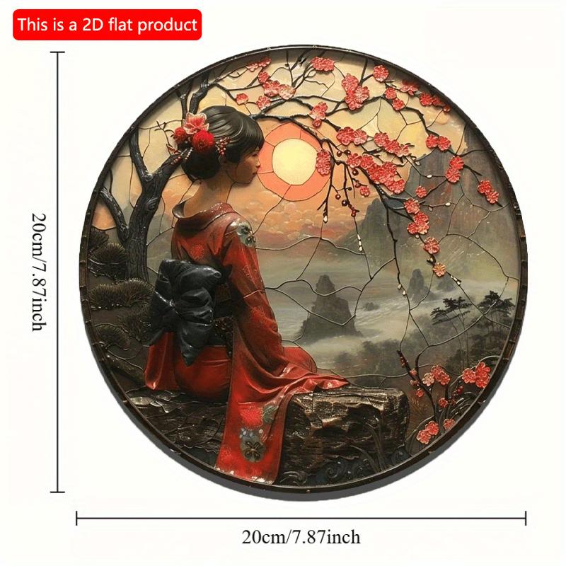 2d Flat 20*20cm, Round Wooden Art Sign, Japanese Kimono Decorative, Entrance Decor Gife, for Home, Kitchen, Garden, Bedroom, Bar Decor.