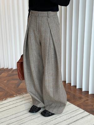 Französische Retro Fischgräten-Wollhose mit hoher Taille und weitem Bein für Damen