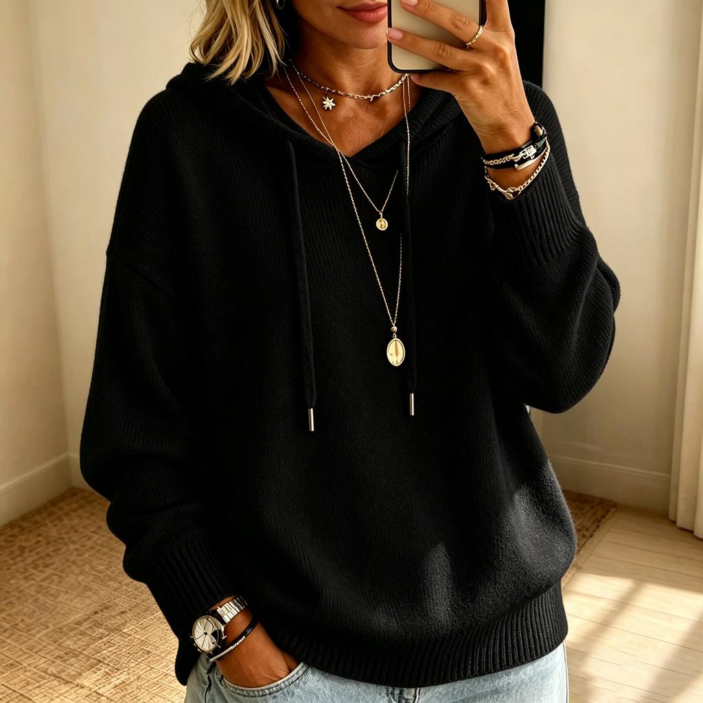Women's Color Pullover Hooded Knit Sweater with