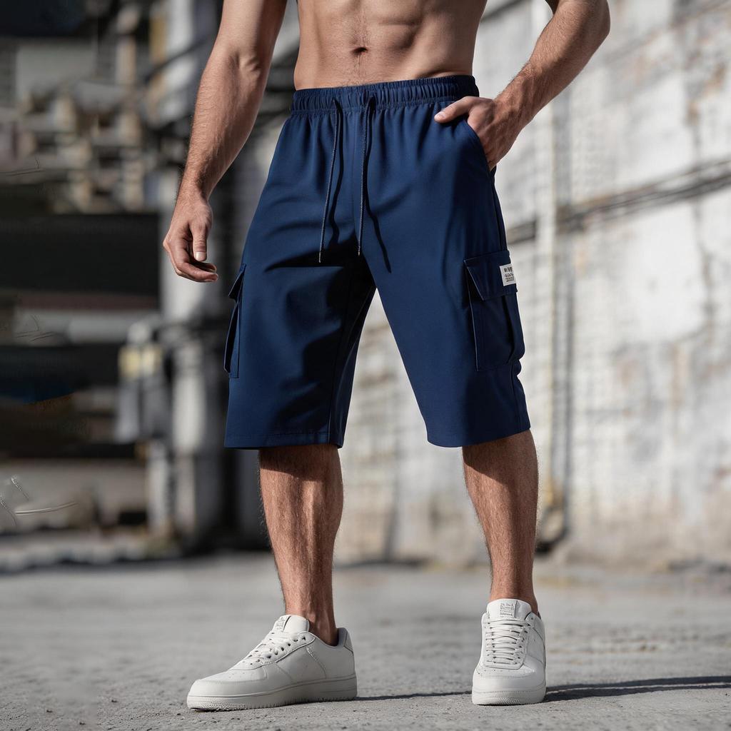 Men's Solid Color Cargo Shorts Summer Lightweight Outdoor Sports Multi Pocket Casual Workwear Shorts with Elastic Waist Drawstring