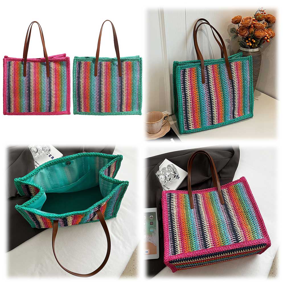 

Women Striped Woven Tote Rainbow Straw Shoulder Bag Large Capacity Hand-Woven Tote Bag Straw Woven Handbag Summer Beach Bag