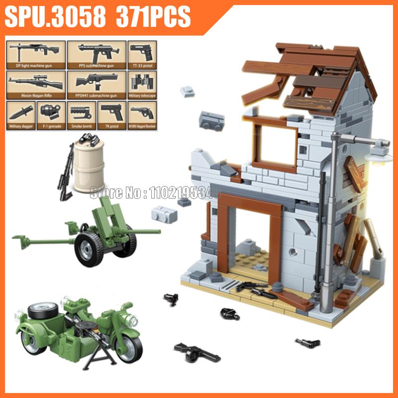 100111 371pcs Military Ww2 The Battle Of Stalingrad Russian Soviet Army 3 Soldier Street Fighting Weapon Boy Building Block Toy