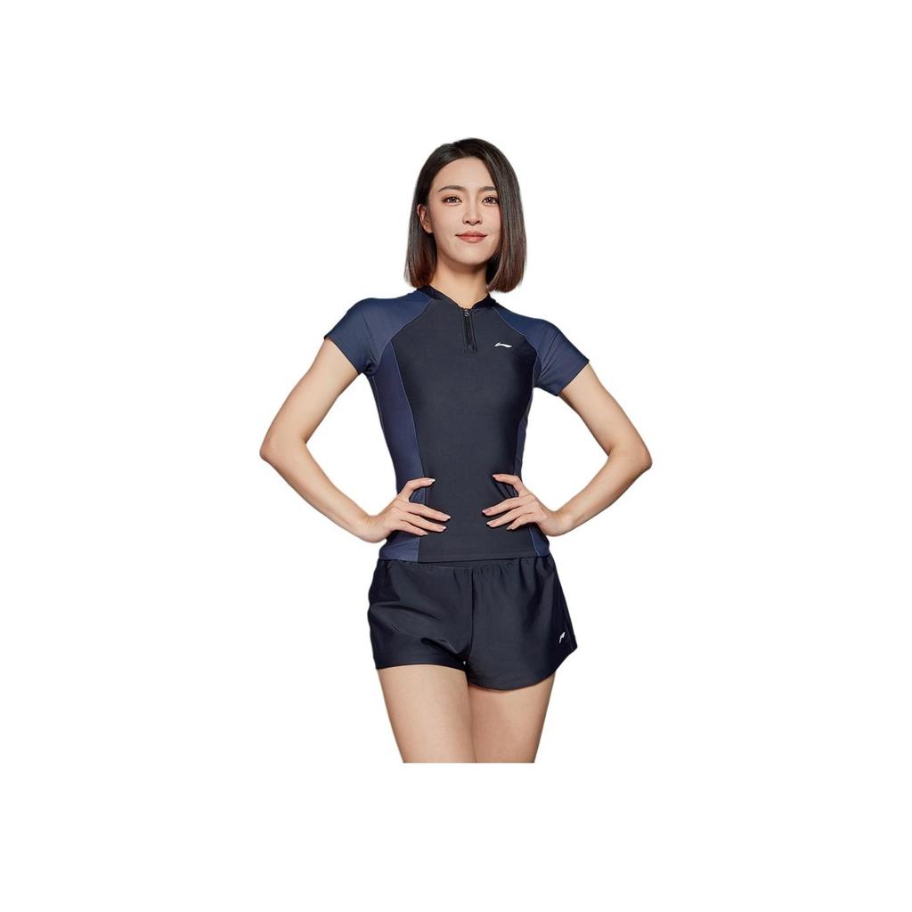 Li Ning Color Block Round Neck Pullover Short Sleeve Two Piece Swimsuit Women swimsuit Black Ink-Gray ASLT076-2