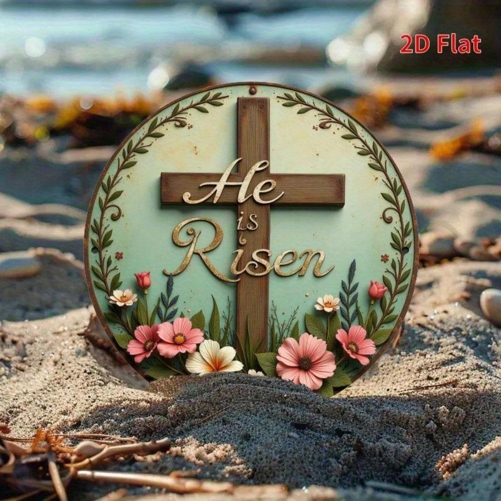 He Is Risen Easter Cross Metal Sign 7.8 Inch Vintage Floral Religious Wall Art Resin Decor