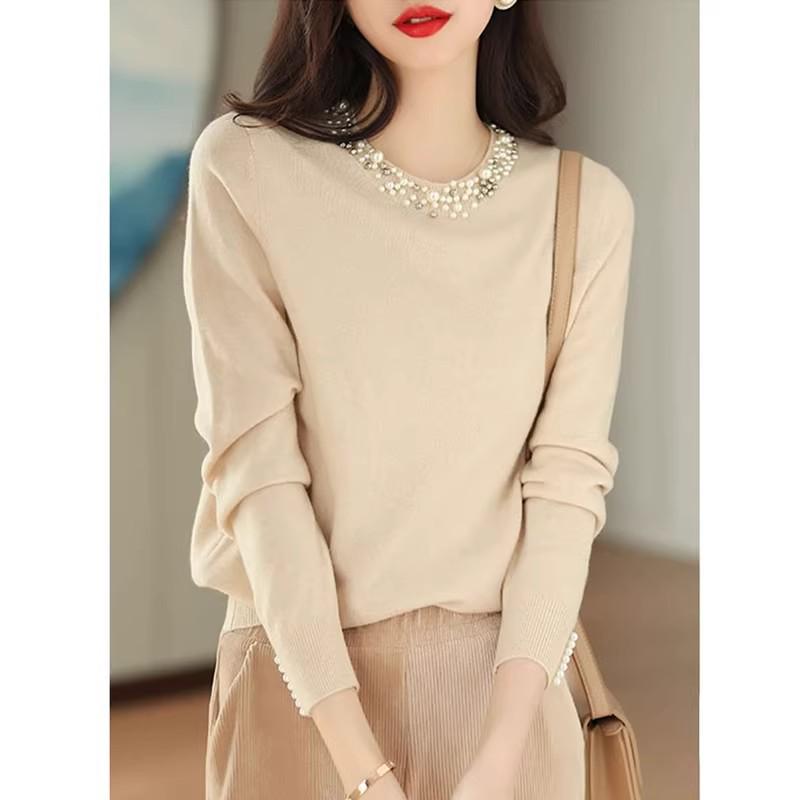 2026 Autumn/Winter Women's Elegant European Style Round Neck Beaded Knit Sweater