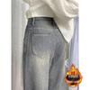 Women's Retro Wide-Leg Velvet High-Waisted Jeans - Plus Size, Autumn/Winter, Slimming Wheat Ear Straight-Leg, Floor-Length Pants.