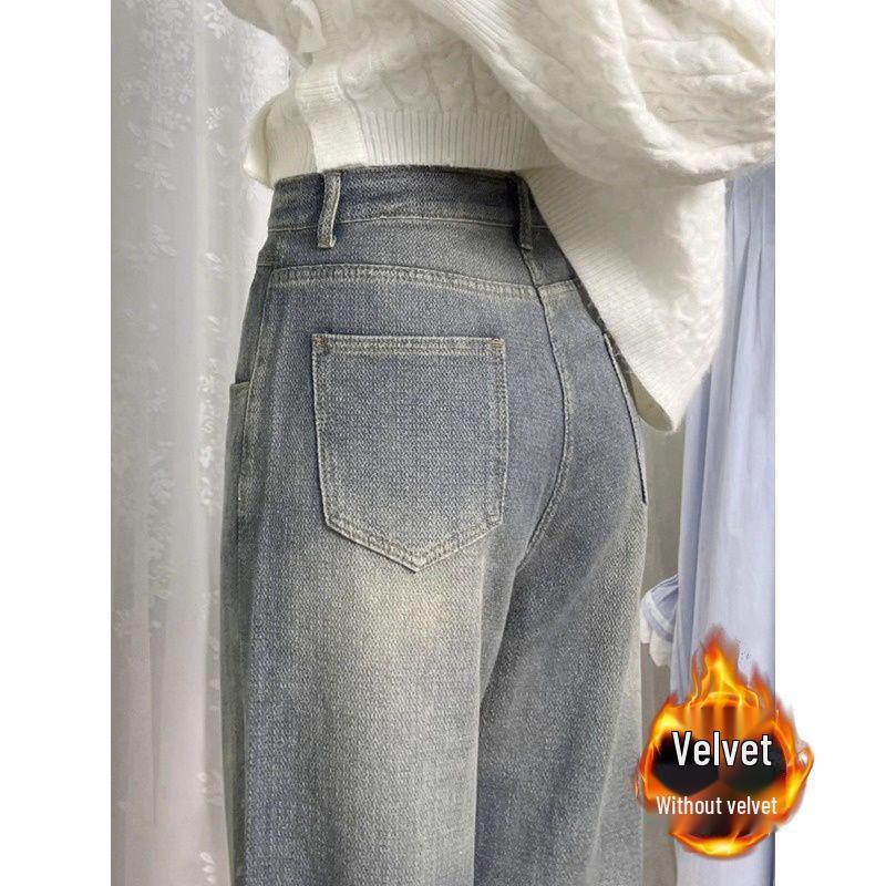 Women's Retro Wide-Leg Velvet High-Waisted Jeans - Plus Size, Autumn/Winter, Slimming Wheat Ear Straight-Leg, Floor-Length Pants.