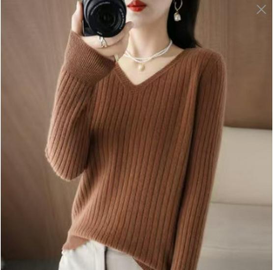 

Женский пуловер с V-образным вырезом, в рубчик – шерстяной топ облегающего кроя для весны и осени 2025 XL
