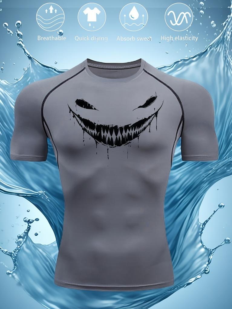 Mens Navy Blue Compression Short Sleeve T-Shirt White Dripping Evil Smile Graphic Quick Dry Breathable High Elasticity Gym And MMA Athletic Top
