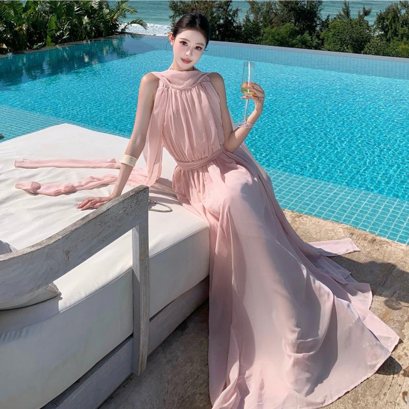 Pink Sleeveless Backless Dress Shows Thin Temperament Gentle Seaside Vacation Wear Long Dress Summer