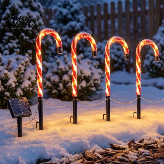 Holiday Yard Ornaments 4Pcs Solar Candy Cane Pathway Lights, Christmas Outdoor Stake Waterproof Decorative Stakes Garden Lights for Lawn Patio