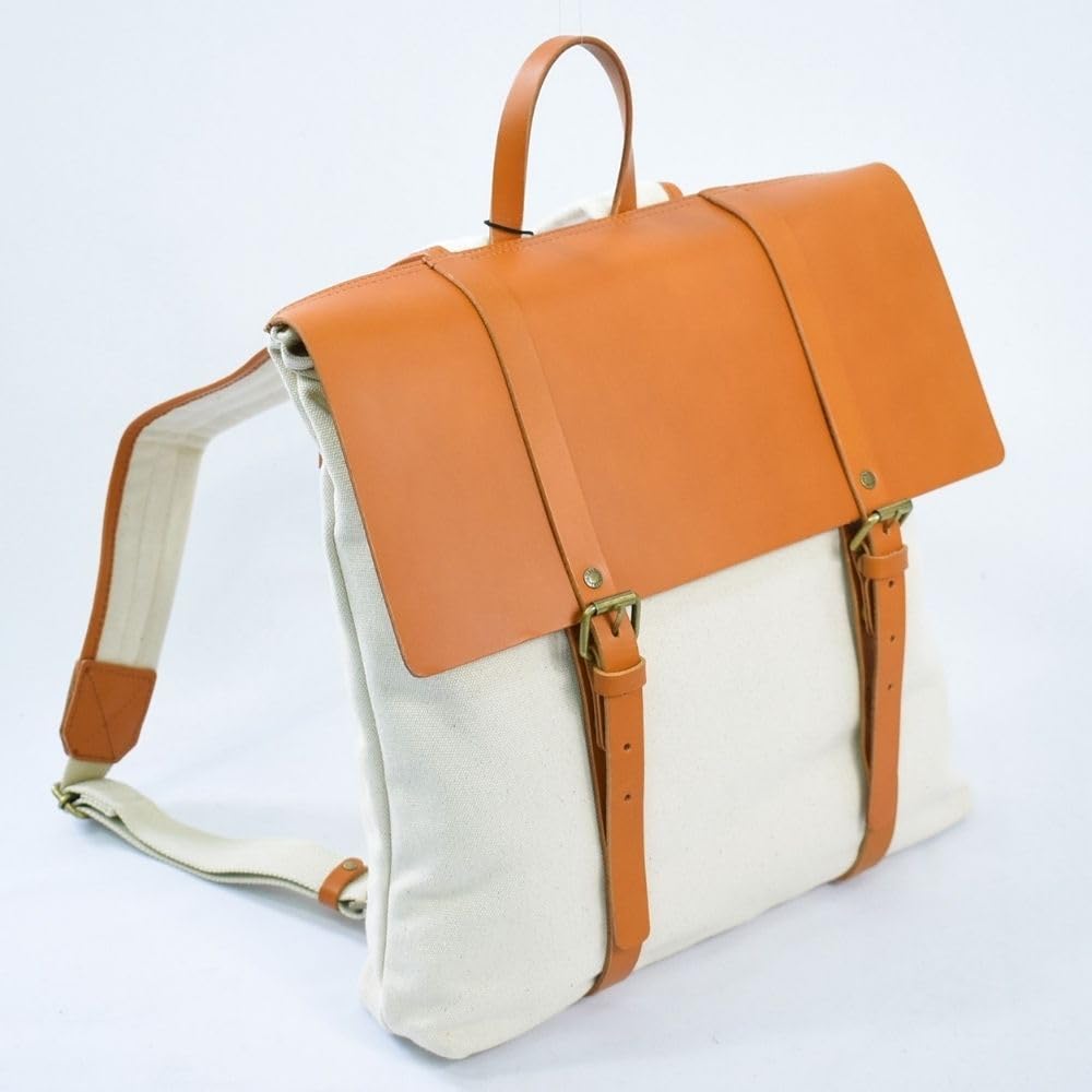 Marutomi Shokai Chair Canvas and Leather Flap Camel Leather and W32 X H36 X Backpack, Off-White Canvas, Size Approx. D7cm, 7M0-1106