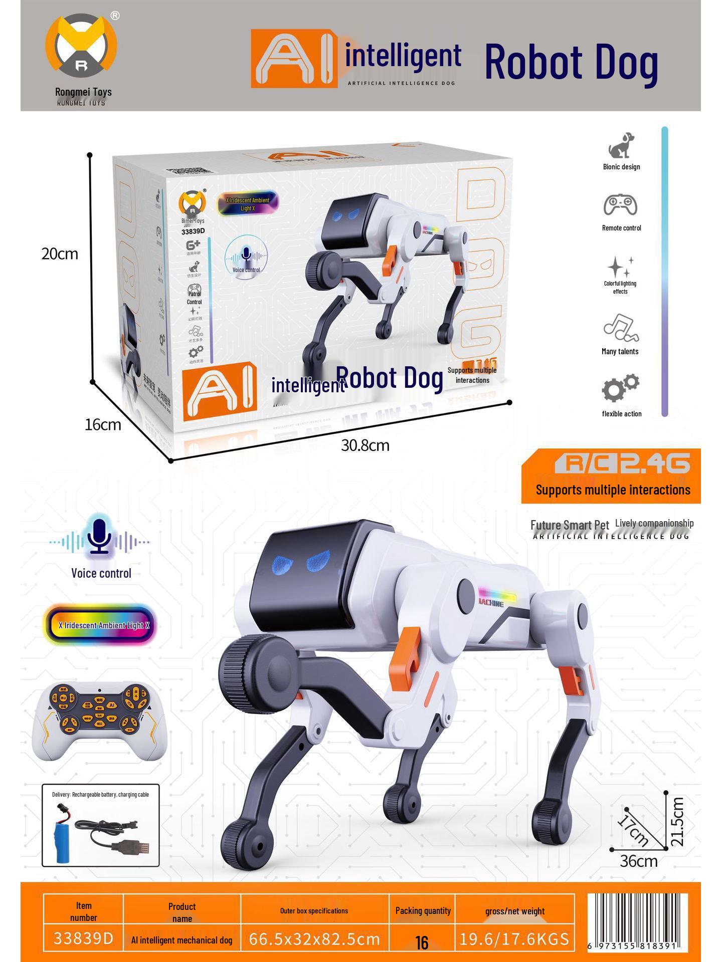 CrossAI Smart Voice Mechanical Dog: Remote-Controlled Toy with Water Bomb Shooting, Stunts, Singing, Dancing, and Programming Features.