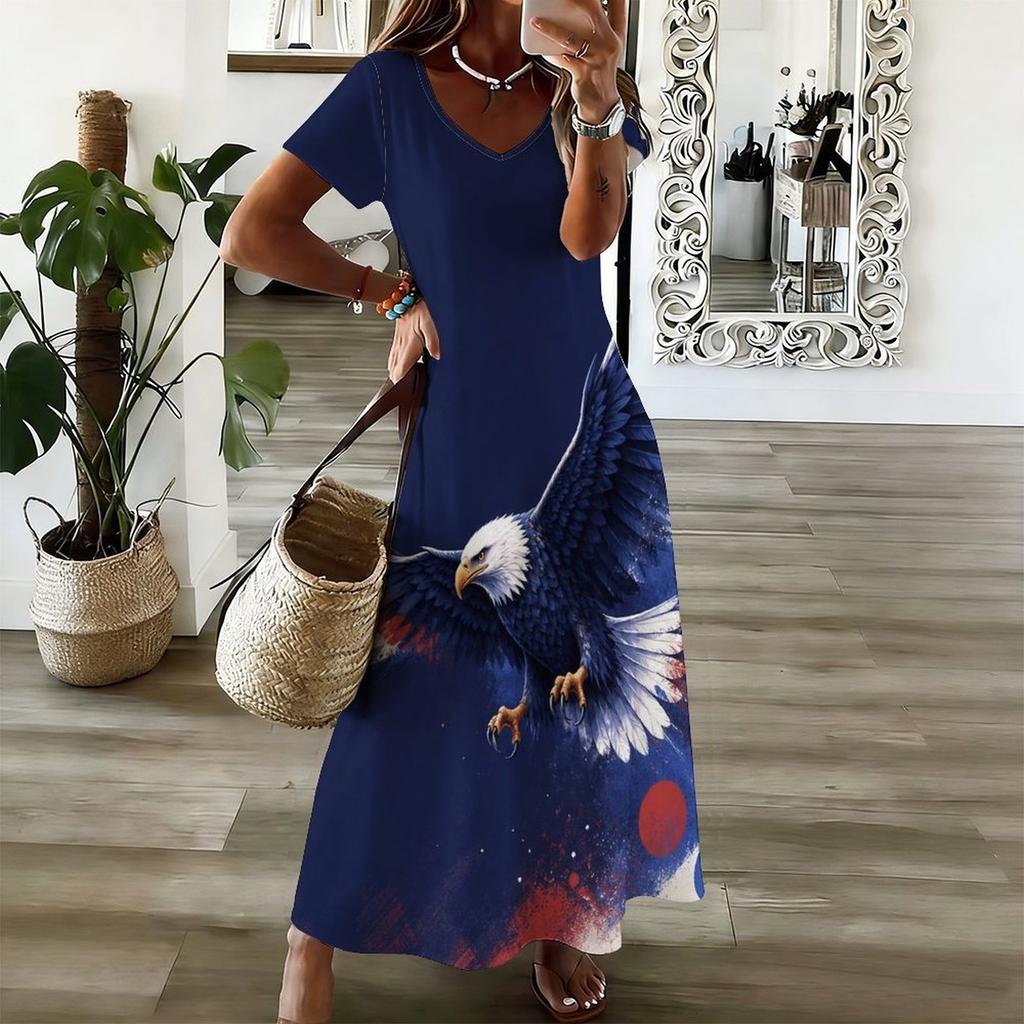 Women Plus Size V Neck Short Sleeve American Eagle Flag Printed Straight Maxi Dress