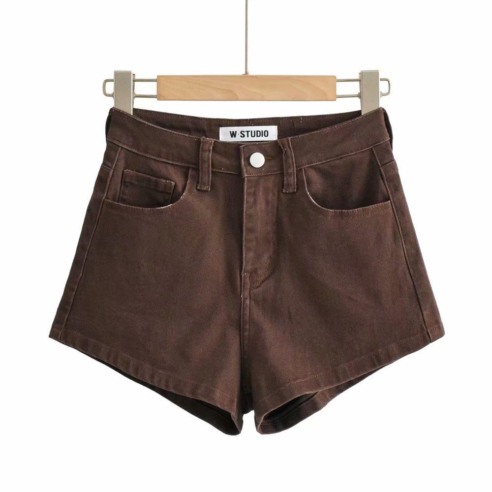 Women's 2021 Summer Trendy High-Waisted Elastic Denim Shorts with Rolled Hem.