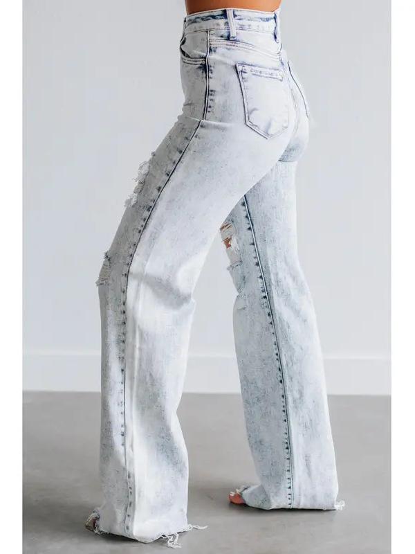 2025 Damen High Waist Gewaschene Weite Bein Jeans mit Großen Rissen und Micro Flare