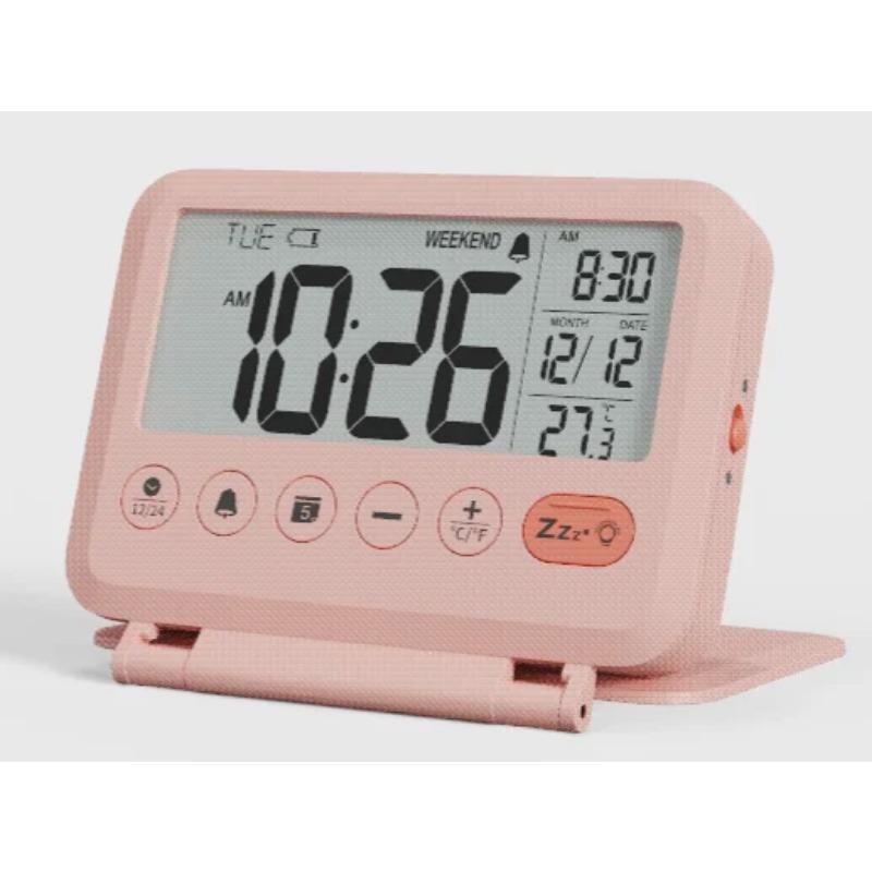 Mini Alarm Clock Electronic LCD Digital Travel Alarm Clock with Thermometer Snooze Calendar 12/24H Alarm Clock Desktop Clock