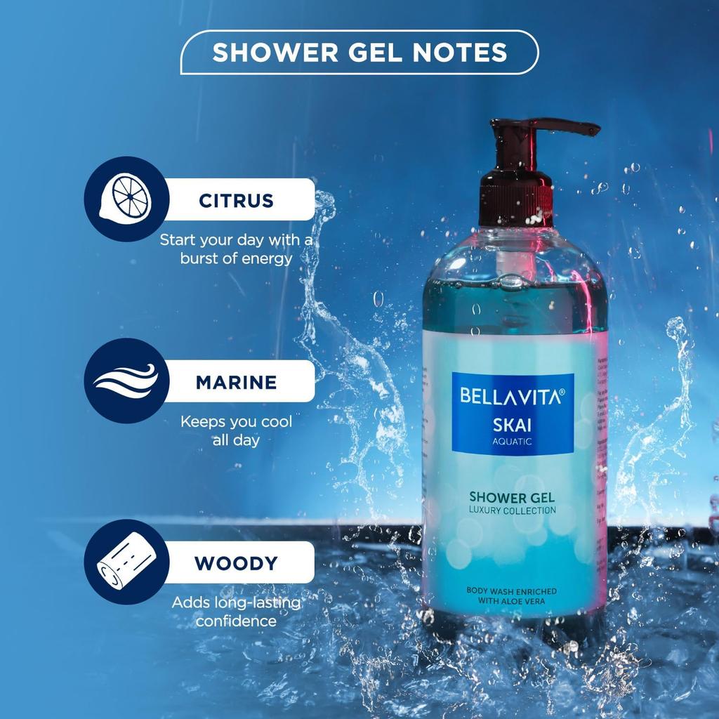 Bella Vita Luxury Skai Aquatic Body Wash Shower Gel 500ml Unisex Hydrating Moisturising Cleanser