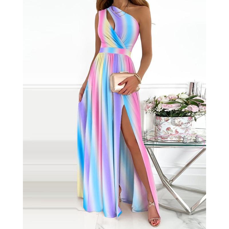 IHUASU Women's Dress with Diagonal Shoulder Hollowed-out Temperament Commuter Gradient Color High Slit Dress Long Dress