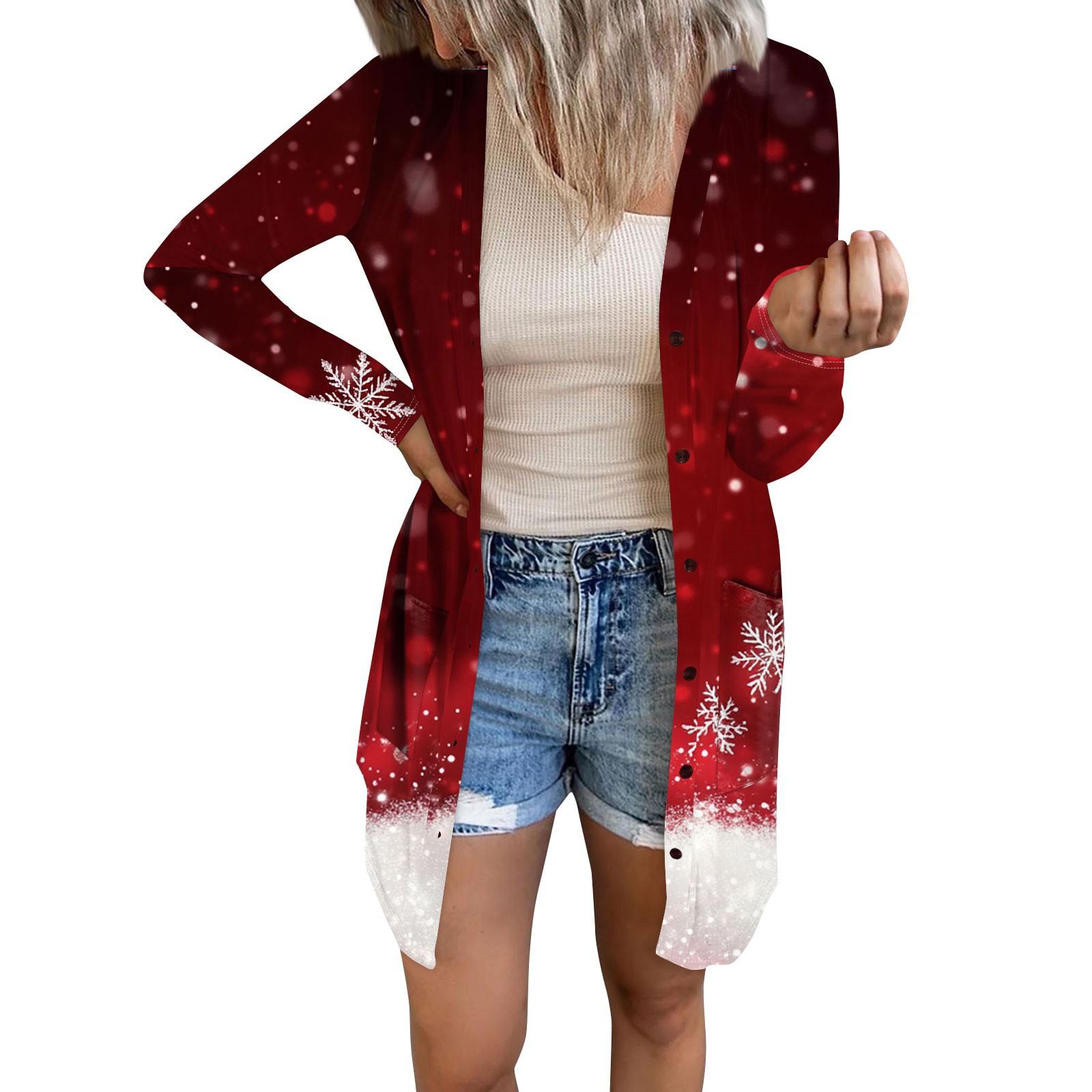 

Женский повседневный кардиган с длинным рукавом и рождественским принтом с карманами XXXXXL винный