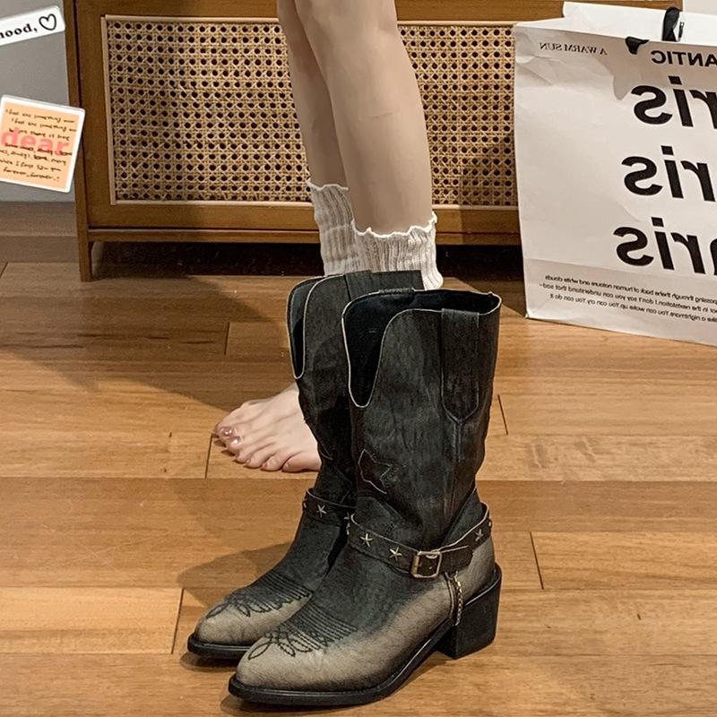 

High Quality Women s Pointed Head Polished Old Cowboy Boots Ashion Designer Retro Hick Heel Western Boots for Women Botas Mujer 35