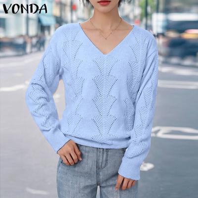 Women Autumn V-neck Long Sleeve Solid Color Pullover Sweaters