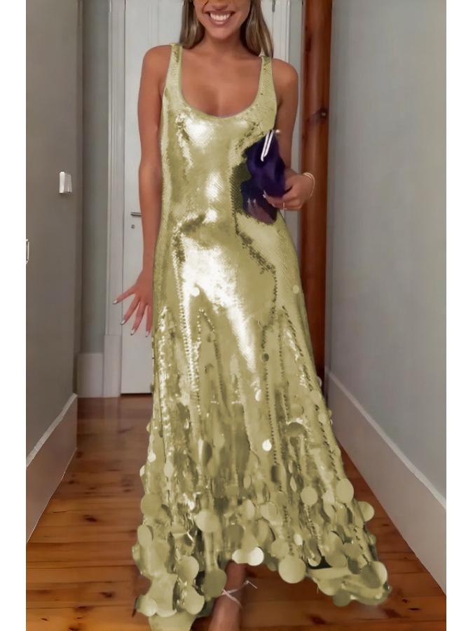 

European American Women s Sleeveless Sequin Evening Gown - Sexy, Elegant Banquet Dress Large шампанского