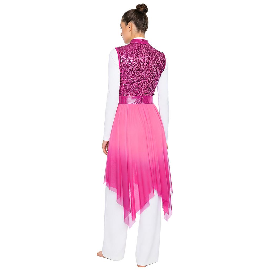 Womens Worship Praise Dance Dress Shiny Sequine Sleeveless Bodice Gradient Mesh Irregular Hem Lyrical Costume